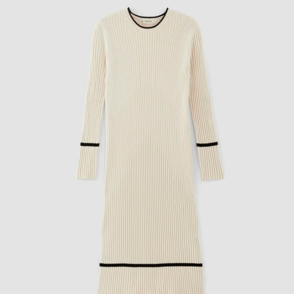 Everlane Cream Ribbed Long Sleeve Midi Dress with Black Trim